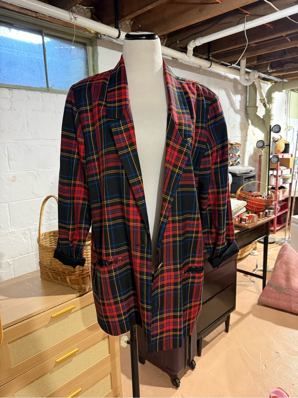 Plaid Open Blazer Jacket in Red & Black